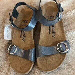 Birkenstock Shoes Papillio Metallic Grey Leather Wedge Sandals